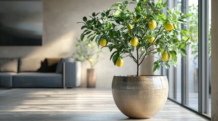 Fototapeta premium Indoor lemon tree in a large ceramic pot.