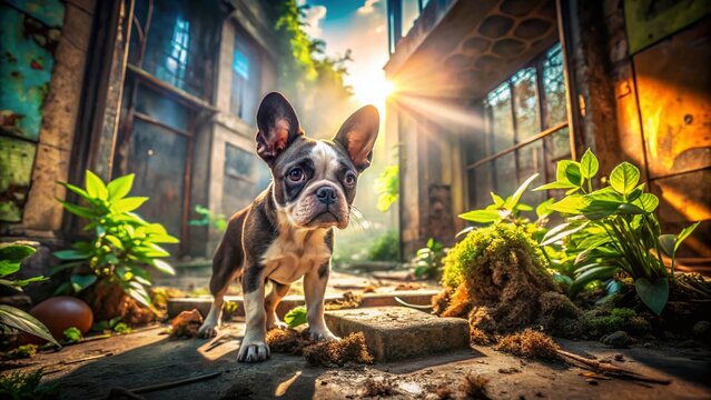 Frenchton Puppy Urban Explorer: Cute Dog in Abandoned Building