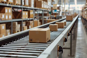 Conveyor belt with parcels in modern warehouse