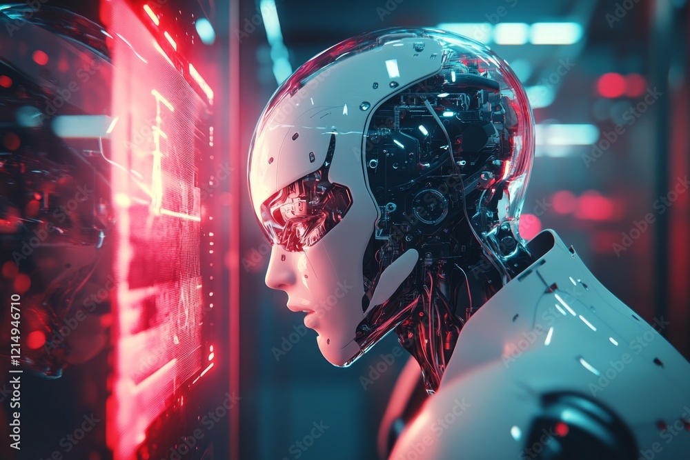 Poster a futuristic scene of a humanoid robot looking at a flickering holographic screen, its expressionles