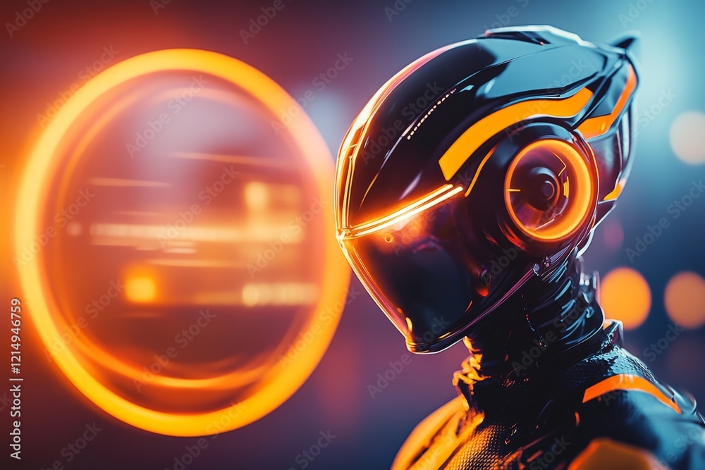 Poster a futuristic scene of a humanoid robot looking at a flickering holographic screen, its expressionles
