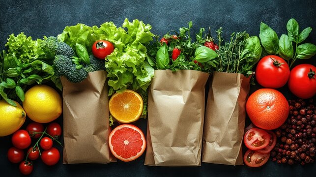 Fresh produce grocery bags dark background