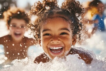 Fototapeta premium A group of children splashing each other in a pool, their faces beaming with joy under the warm sun