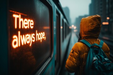 A handwritten message on a fogged-up windowpane that reads "There always hope," illuminated by sunlight breaking through the mist