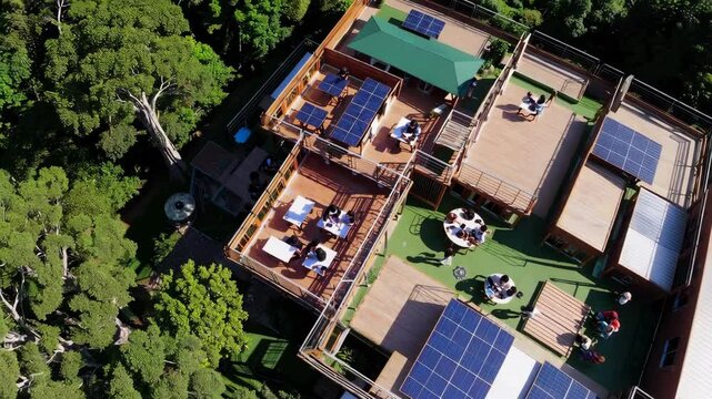 Design an eco-friendly educational facility in the heart of a rainforest, ensuring minimal environmental impact and maximal connection to nature