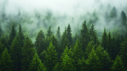 Obraz premium Misty landscape with fir forest in hipster vintage retro style