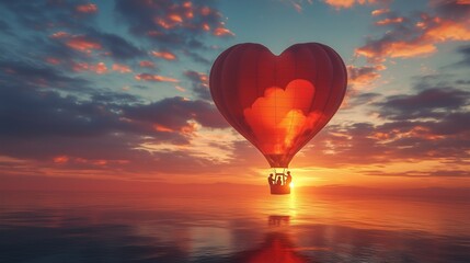 Fototapeta premium A 3D cartoon hot air balloon shaped like a heart, with a couple enjoying a scenic sunset.