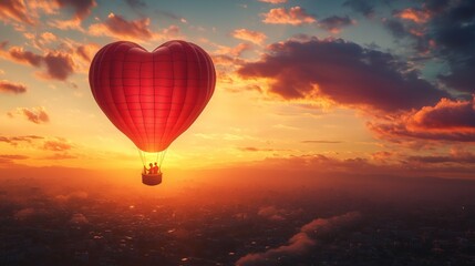Fototapeta premium A 3D cartoon hot air balloon shaped like a heart, with a couple enjoying a scenic sunset.