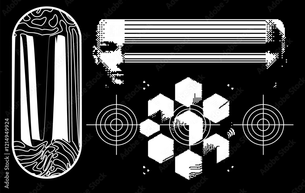 Aufkleber brutalism inspired vector graphics collage made with simple geometric shapes, grunge texture, and di