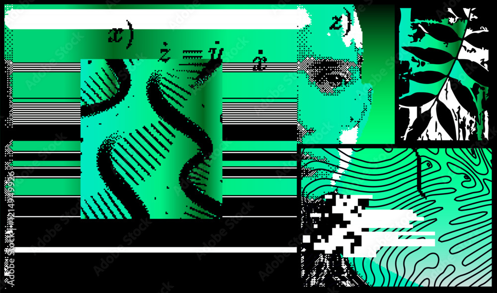 Aufkleber brutalism inspired vector graphics collage made with simple geometric shapes, grunge texture, and di