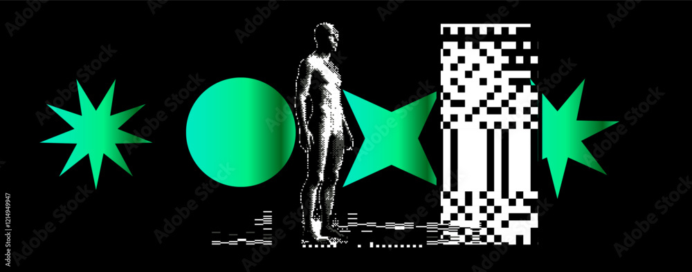 Poster glitched and decomposed figure of a human on the textured and pixelated background. art collage for 