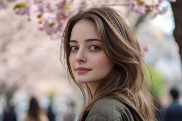 Naklejka premium Generative AI portrait of a young Asian person enjoying spring serene moment in a blooming Japanese park
