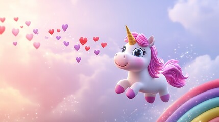 Naklejka premium A 3D cartoon unicorn flying over a rainbow, leaving a trail of heart-shaped sparkles in the sky.