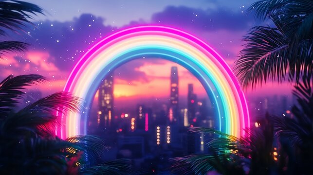 Vibrant Neon Rainbow Arches Over City Skyline at Dusk with Palm Tree Silhouettes