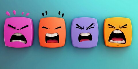 Fototapeta premium Set of cartoon emoji faces displaying different emotions like laughter, anger, and joy.
