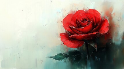 A vibrant red rose painted in an impressionistic style against a soft, textured background.