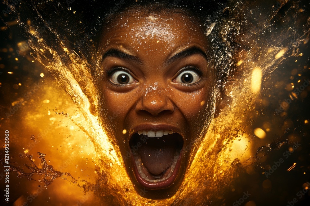 Poster a hyper-realistic image of a person face lit up with pure joy, with sparkling eyes and a wide smile 
