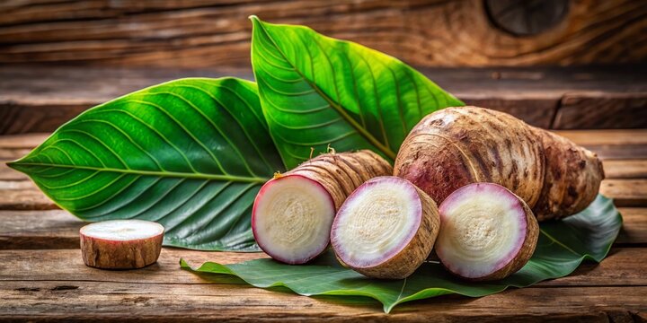 Fresh Organic Taro Root: Panoramic View of Raw Taro on Wooden Background