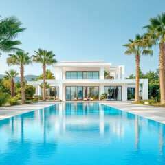 white villa with impressive garden and pool