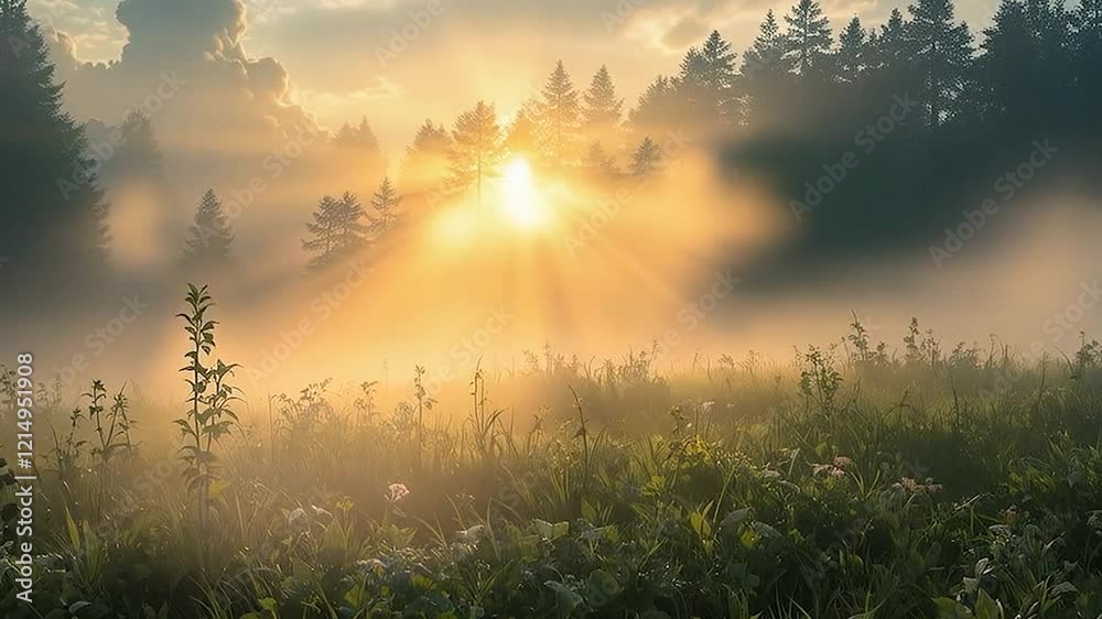 Aufkleber a serene forest scene with a sunrise breaking through the mist, casting a warm glow over the trees and grass. The sun's rays are visible, creating a beautiful and tranquil atmosphere.