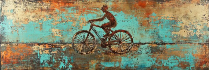 Abstract painting of a person riding bicycle with colorful background texture