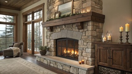 A large stone fireplace with a rustic mantel occupies one wall adding warmth and charm where flickering flames reflect off nearby glassware arranged neatly on a wooden sideboard.