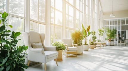 Empty retirement home common area with unoccupied chairs and quiet surroundings, reflecting solitude and the passage of time in aging communities.