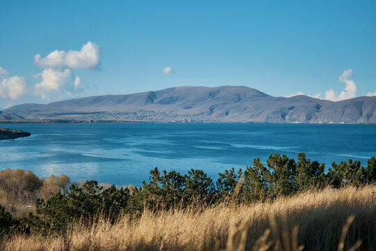 a view of Lake Sevan, Armenia in autumn