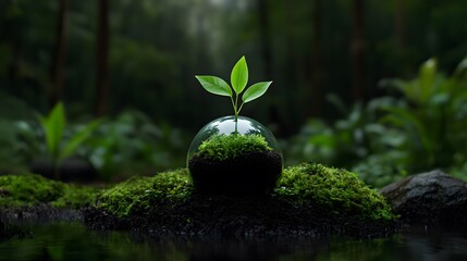 Nature Conservation: Young Plant Sprouting in Lush Forest Ecosystem