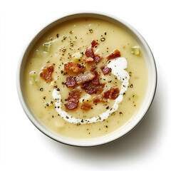 Creamy potato soup topped with crispy bacon bits and a swirl of cream. A comforting and delicious meal.