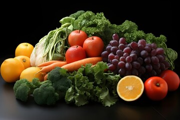 A beautifully arranged display of fresh fruits and vegetables, such as carrots, leafy lettuce, and juicy oranges, creating a harmonious, healthy composition on a white background.