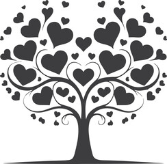 Obraz premium Black and White Tree of Love Illustration with Heart-Shaped Leaves and Decorative Swirls
