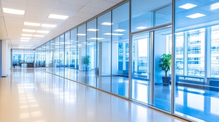 Fototapeta premium Modern office corridor with glass walls, bright lighting, and plants, showcasing a professional environment