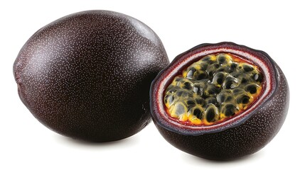 A whole passion fruit beside its halved counterpart, revealing the aromatic pulp with dark seeds inside, placed on a white background