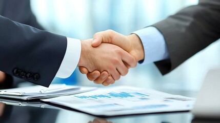 Midsection of businessmen shaking hands over table in office