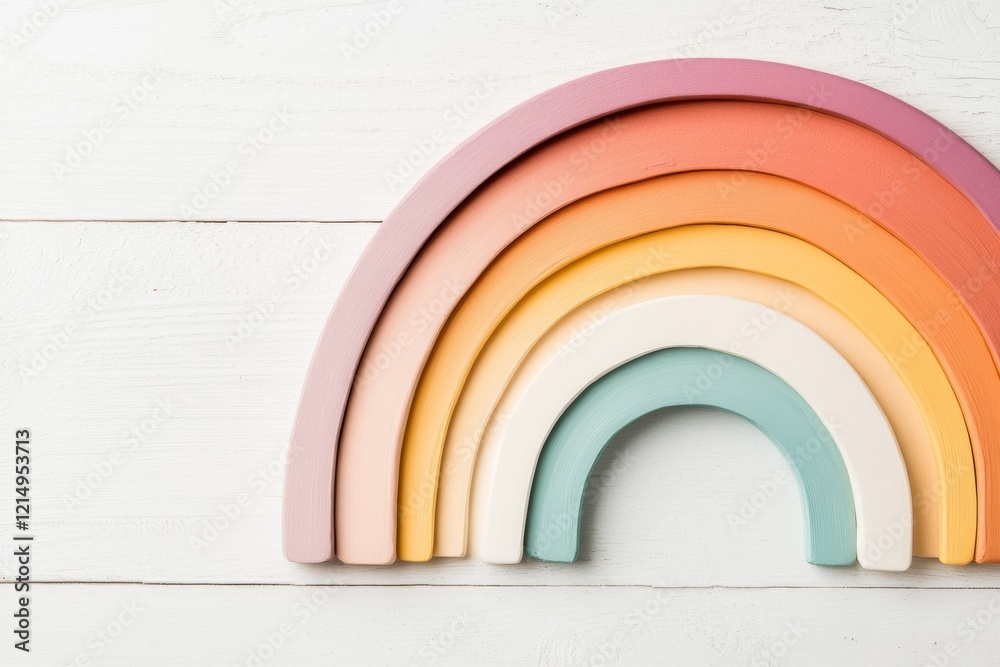 Poster a minimalist rainbow arching over a clean white canvas, with vivid yet simple primary colors