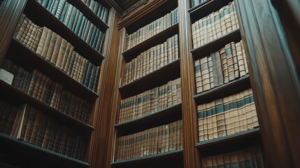 Obraz premium Antique Books Stacked on Wooden Shelves in a Historic Library