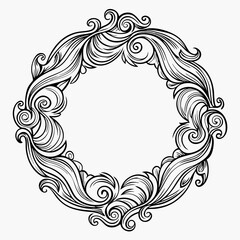 Elegant circular floral frame with intricate swirling patterns in monochrome design