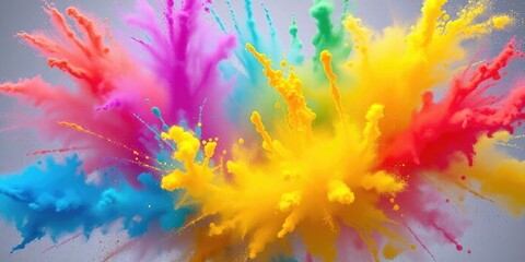 Obraz premium A rainbow of colors in the form of paint powder explode in a beautiful wide panoramic background, bright, vibrant, artistic