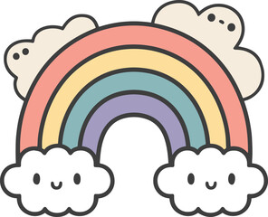 Cute Cartoon Rainbow with Kawaii Smiling Clouds, Pastel Colors and Playful Design