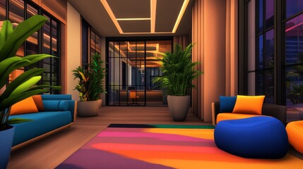 Modern interior design showcasing vibrant colors and plants in a stylish lounge area at dusk
