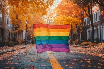 A vibrant rainbow flag LGBT stands out against a backdrop of fall foliage. Generative AI