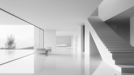 Fototapeta premium Modern Minimalist Interior with Staircase and Large Window