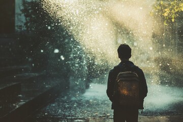 Obraz premium Individual stands still in the rain, surrounded by illuminated water droplets. Generative AI