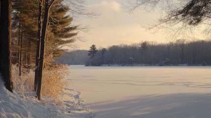 Winter sunset over frozen lake, snow-covered trees, peaceful landscape, nature background for calendar