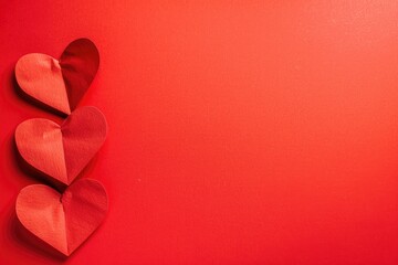 Three red paper hearts on red background