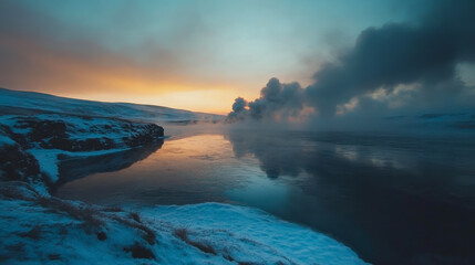 Naklejka premium Winter landscape at dawn with steaming river and mist rising in the chilly air