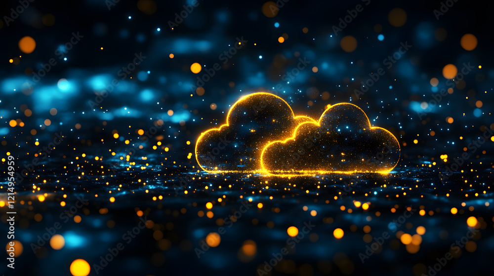 Poster glowing clouds with shimmering particles on a dark, cosmic background