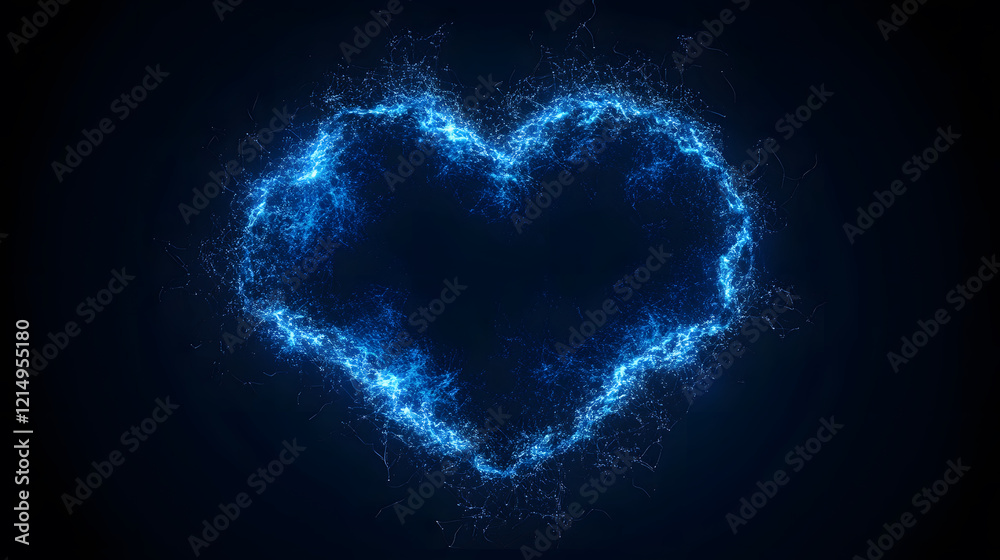 Poster glowing blue heart shape created with sparkles on a dark background
