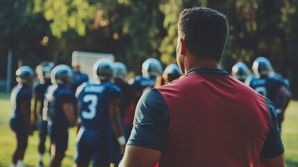 Fototapeta premium Coach instructs a football team during practice on a sunny afternoon in a local park